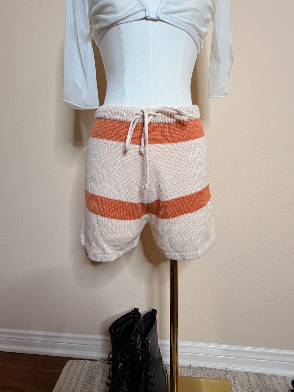 Urbanic Cream and Orange Striped Knit Drawstring Shorts